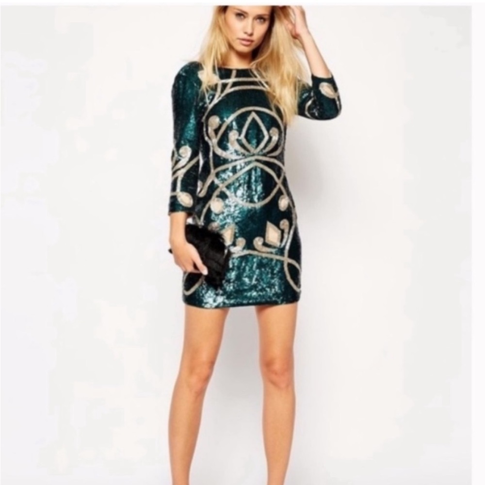 Needle & Thread Rose Gold Tapestry Motif Sequined Low Back Bodycon Mini